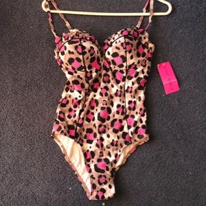 Betsey Johnson Pink and Brown Leopard One Piece Swimsuit